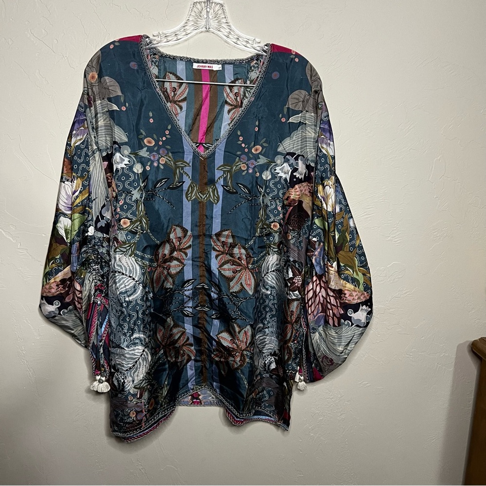 Johnny Was‎ Aran Georgia 100% Silk Floral Boho Ruched  Sleeves Tassel Trim Top - Picture 5 of 14